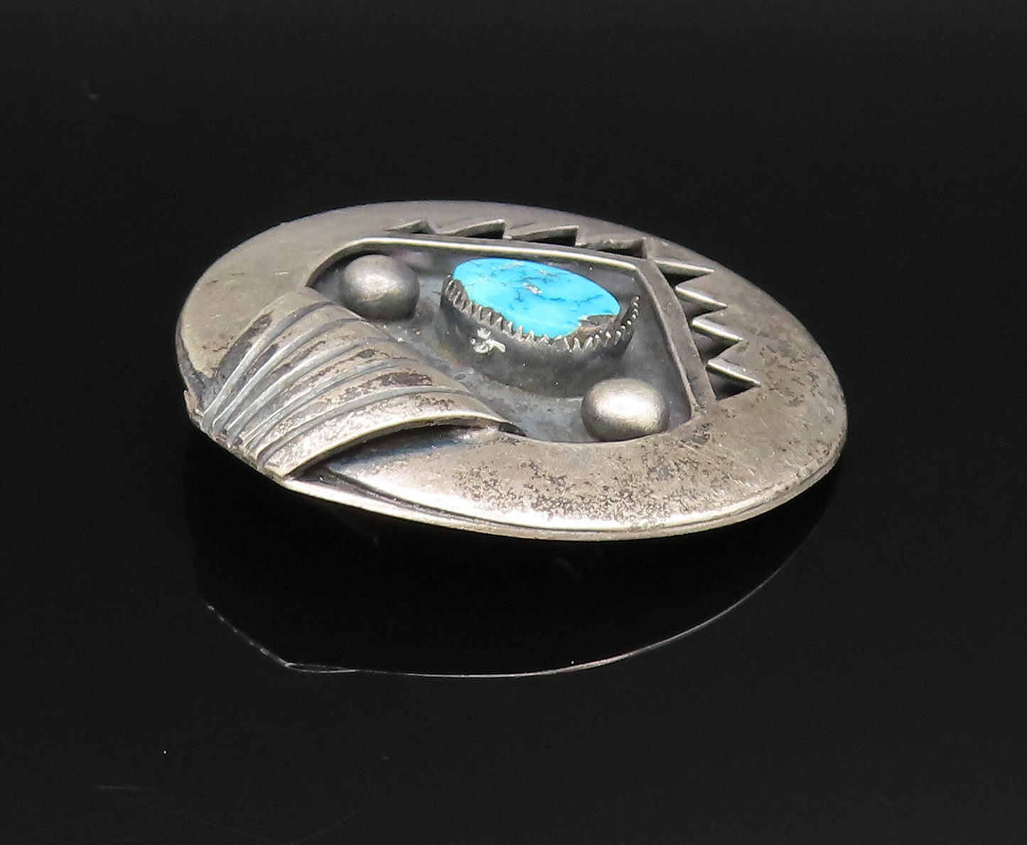 JH NAVAJO 925 Silver  Vintage Carved Paw Motif Turquoise Brooch Pin  BP9818