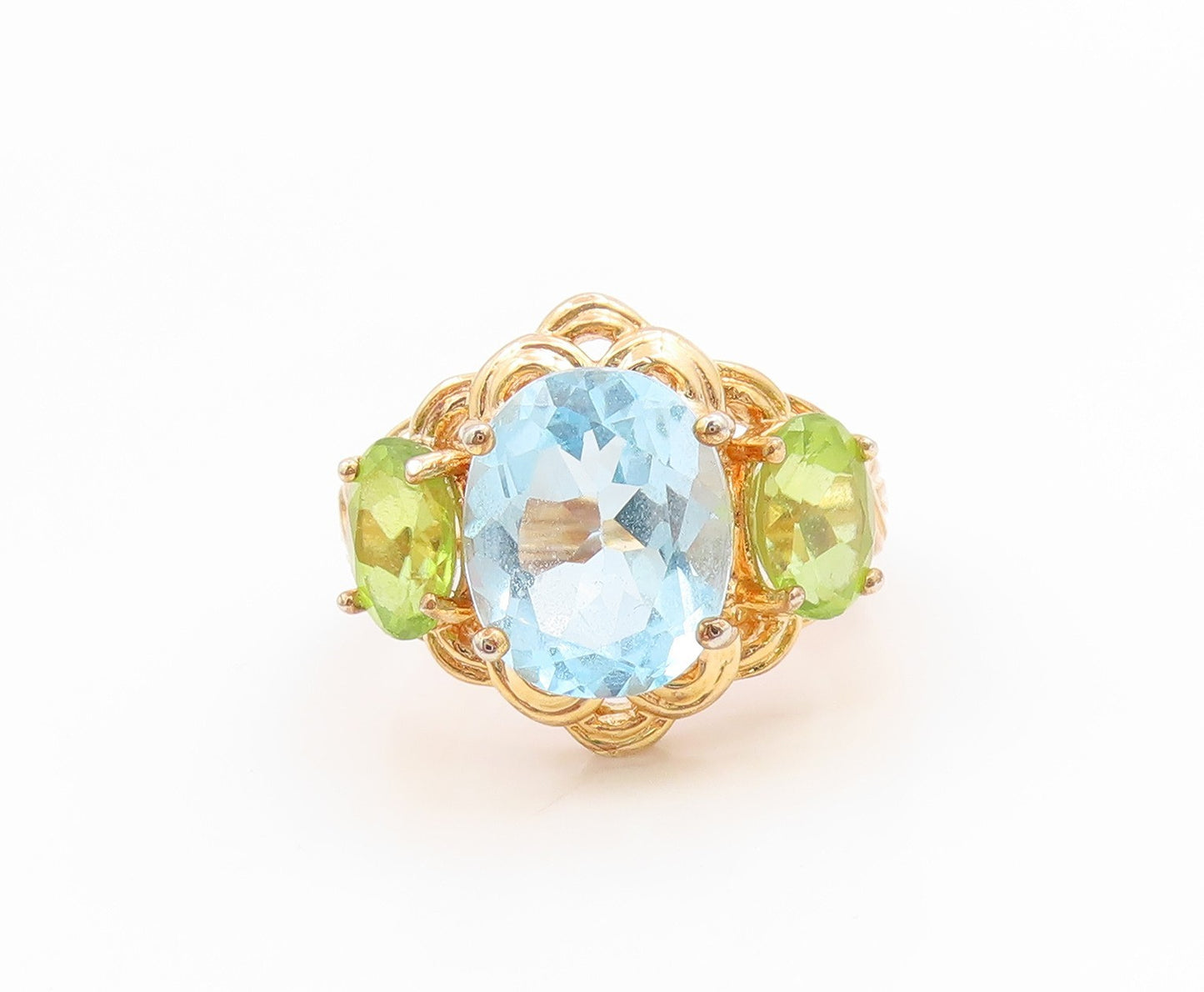 925 Sterling Silver Vintage Ring Gold Plated Blue Topaz & Peridot  Sz 5  RG35986