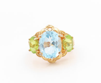 925 Sterling Silver Vintage Ring Gold Plated Blue Topaz & Peridot  Sz 5  RG35986