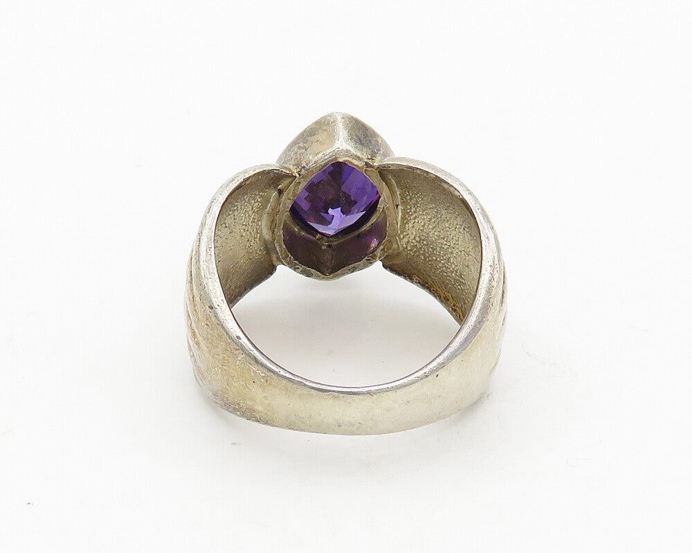 925 Sterling Silver  Vintage Marquise Amethyst Fluted Band Ring Sz 7  RG19636