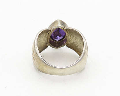 925 Sterling Silver  Vintage Marquise Amethyst Fluted Band Ring Sz 7  RG19636