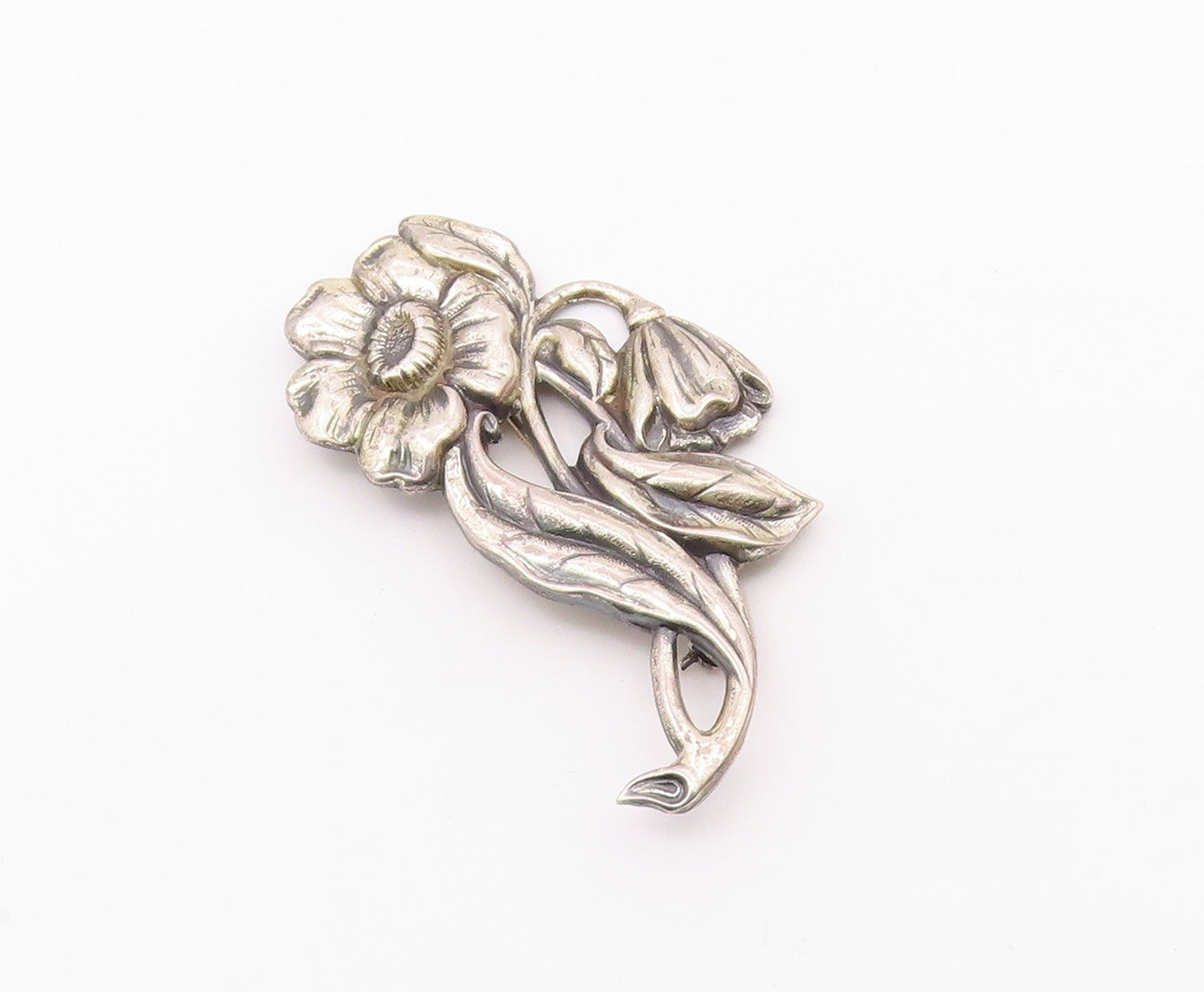 925 Sterling Silver  Vintage Etched Blooming Flowers Motif Brooch Pin  BP3225