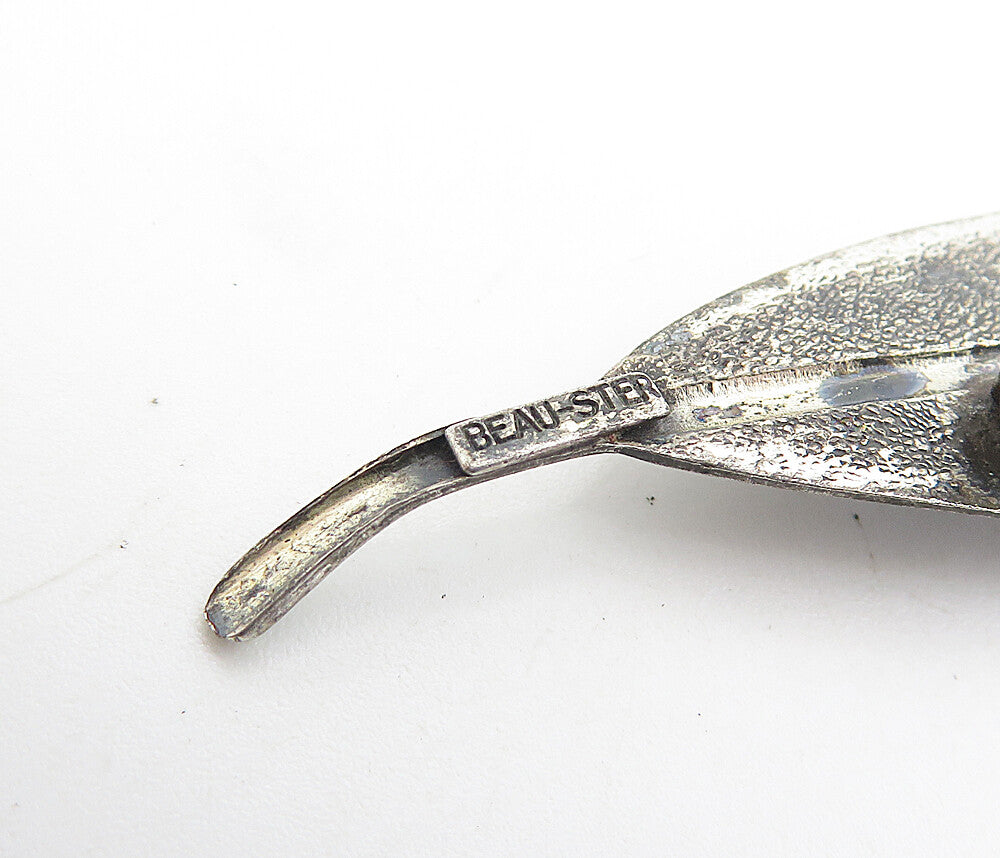 BEAU 925 Sterling Silver Vintage Oxidized Single Feather Brooch Pin BP3124