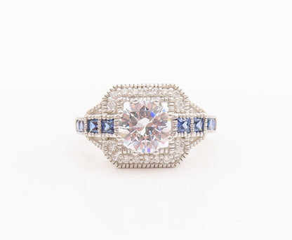 925 Sterling Silver Vintage Ring Round & Square Cut 2 Tone Sapphire Sz 7 RG29219