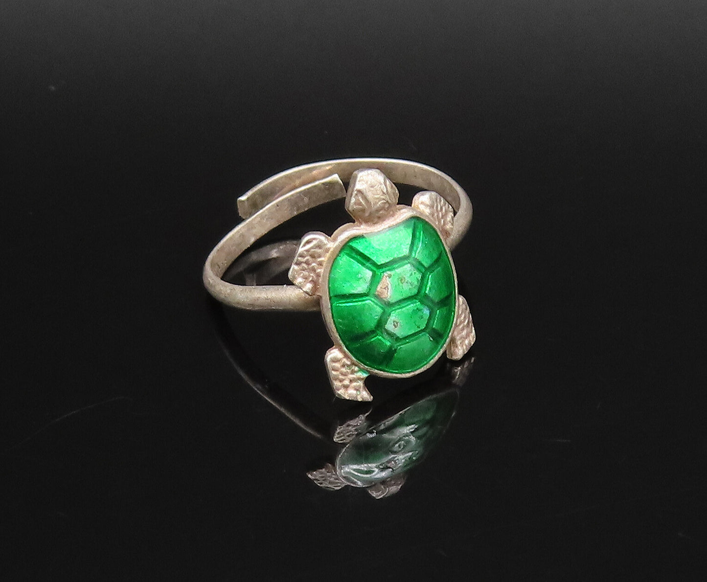 MEKA DENMARK 925 Silver  Vintage Enamel Turtle Adjustable Ring Sz 5.5  RG25865