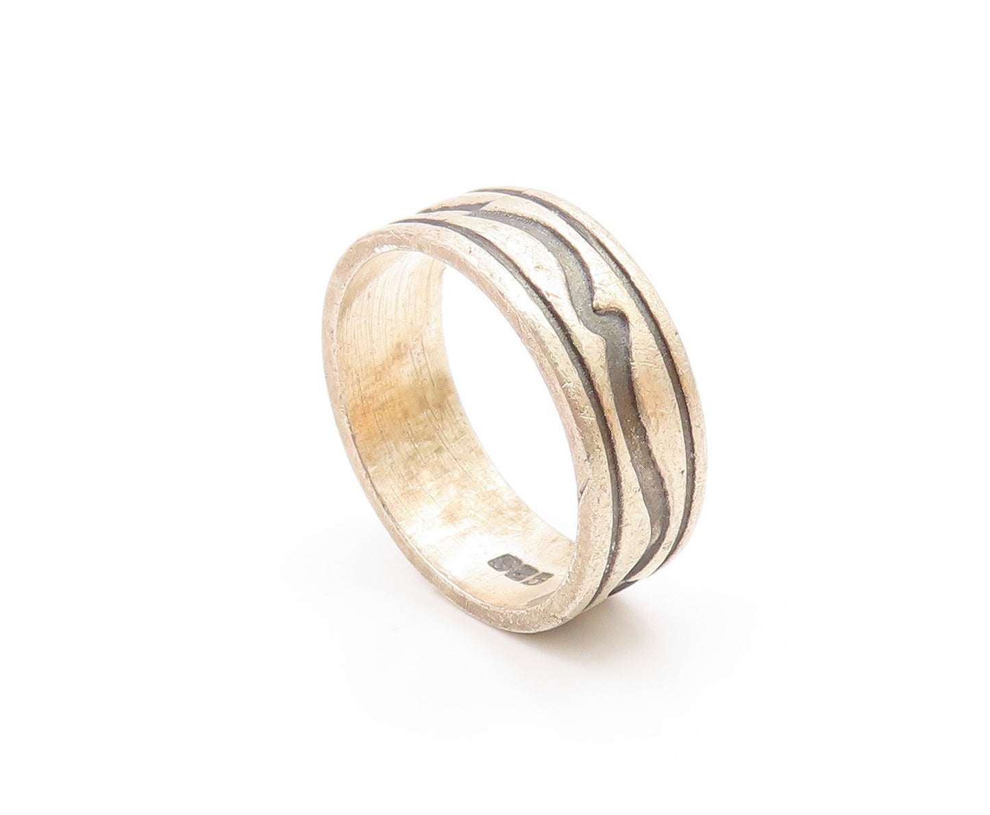 DESIGNER 925 Silver Vintage Oxidized Two Tone Design Band Ring  Sz 9  RG20368