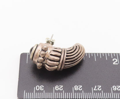 925 Sterling Silver Vintage Earrings Carved Antique Onyx Animal Tooth  EG12893