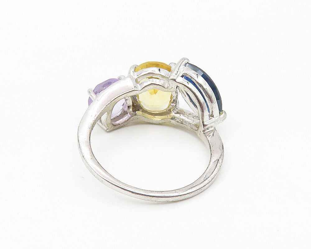 925 Sterling Silver  Amethyst Citrine & Sapphire Shiny Band Ring Sz 7  RG10549