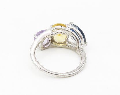 925 Sterling Silver  Amethyst Citrine & Sapphire Shiny Band Ring Sz 7  RG10549