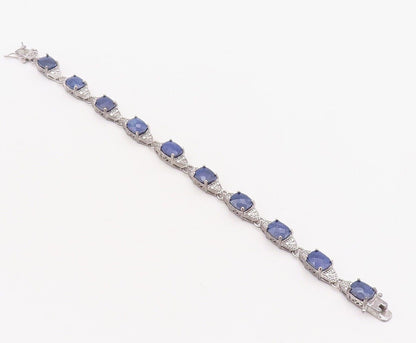 925 Sterling Silver Vintage Bracelet Oval Shape Sapphire & CZ Inlay  BT10761