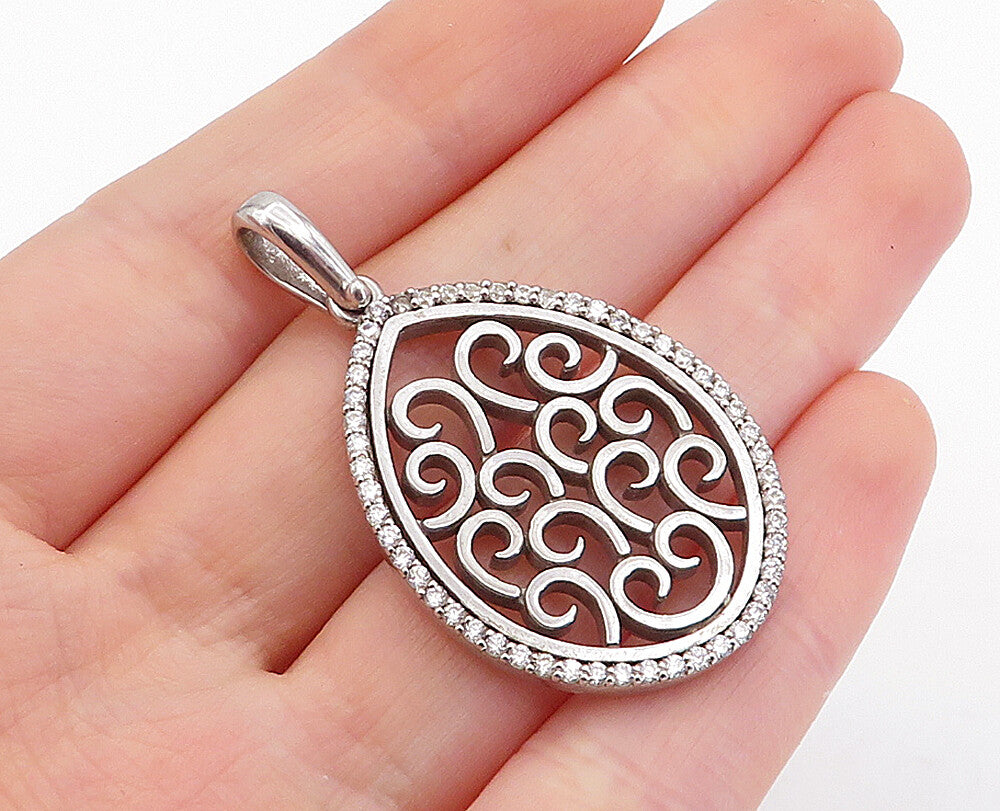 925 Sterling Silver  Vintage Shiny Cubic Zirconia Open Swirl Pendant  PT3686