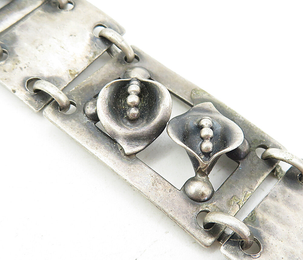 925 Sterling Silver Vintage Oxidized Flower Square Link Chain Bracelet BT3781