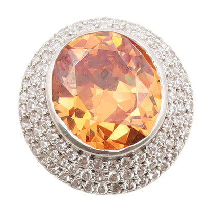 925 Sterling Silver Vintage Ring Citrine & Halo CZ Dome Band HEAVY Sz 9 RG34198