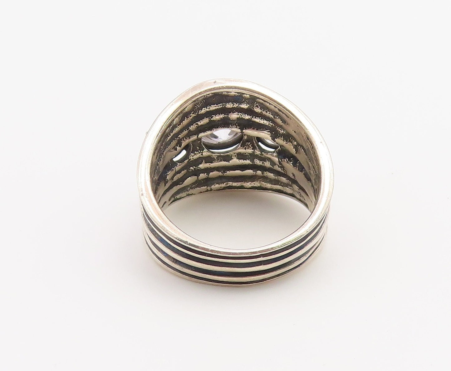 925 Sterling Silver Vintage Ring CZ Wide Tapered Statement Band  Sz 10  RG36735