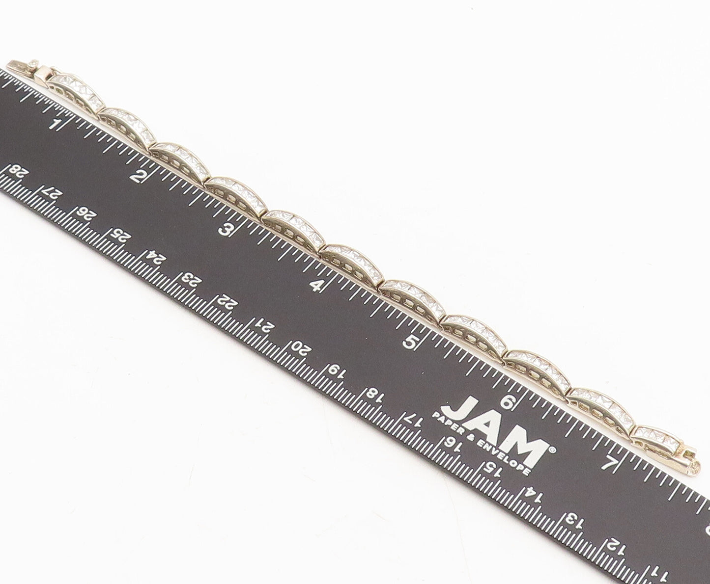 925 Sterling Silver Vintage Bracelet Carved Domed Inlay CZ Row Band Link BT10245
