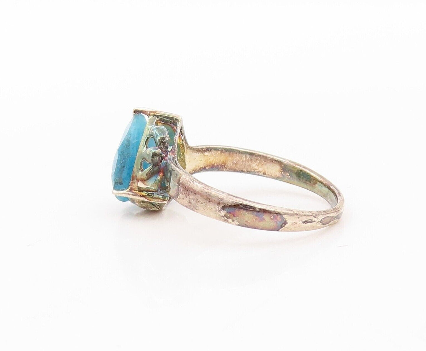 925 Sterling Silver Vintage Ring Drop Cut Blue Gemstone  Sz 7  RG30176