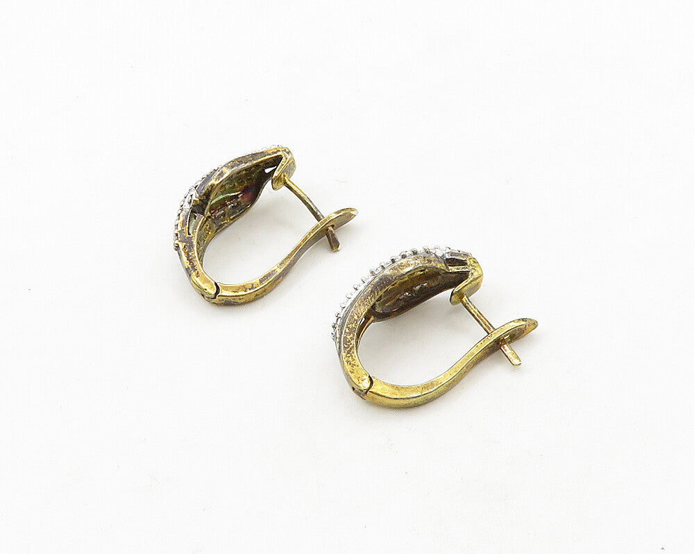 925 Sterling Silver  Vintage Genuine Diamonds 2 Tone Hoop Earrings  EG9734
