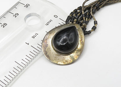 NAVAJO 925 Silver  Vintage Black Onyx Liquid Silver Chain Necklace  NE3633