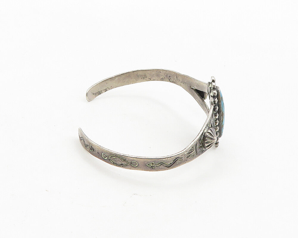SOUTHWESTERN 925 Silver Vintage Turquoise Floral Petite Cuff Bracelet BT7705