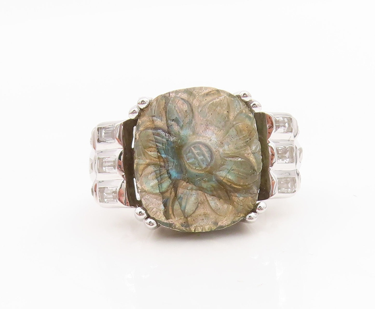 925 Sterling Silver Vintage Ring Carved Gemstone & CZ Band  Sz 6.5  RG34177