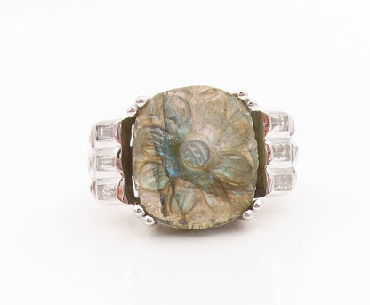 925 Sterling Silver Vintage Ring Carved Gemstone & CZ Band  Sz 6.5  RG34177