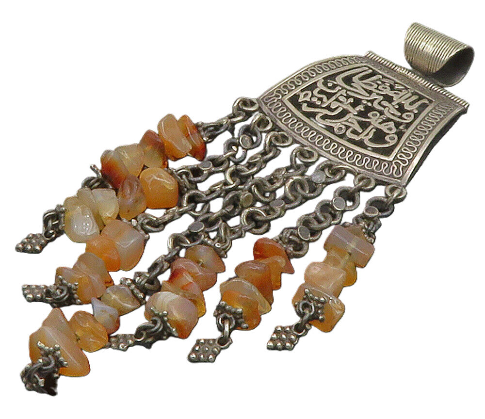 EGYPT 925 Sterling Silver  Vintage Agate Beaded Dangling Pendant  PT11590