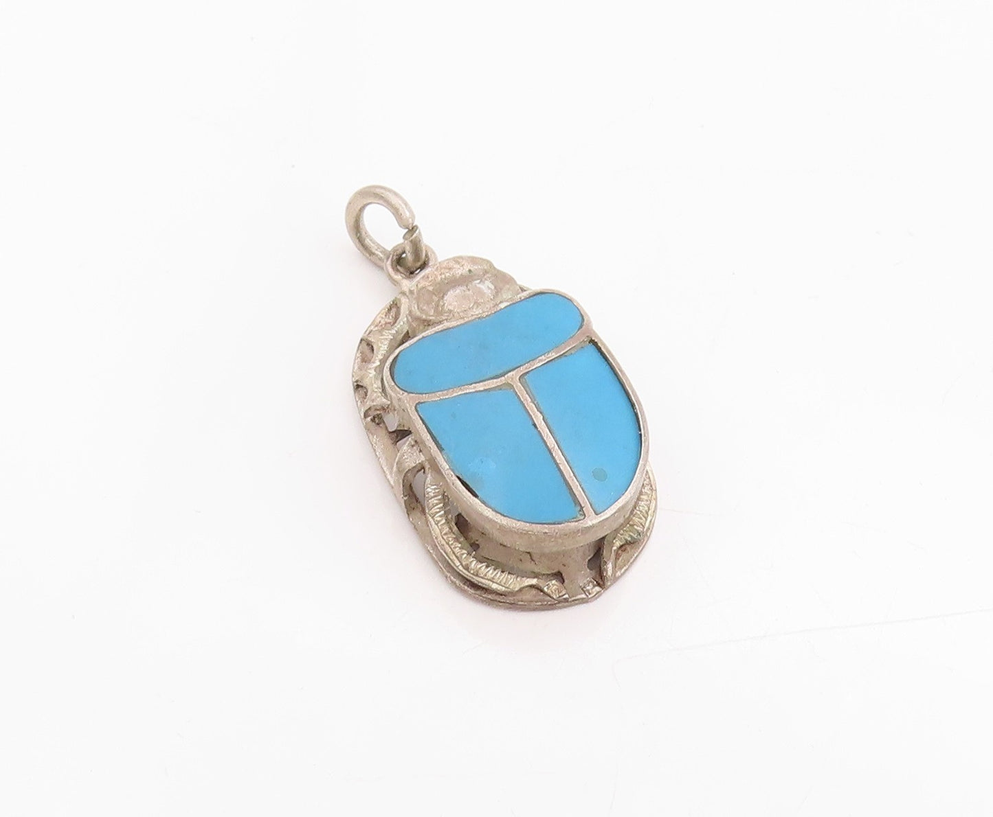 925 Sterling Silver Vintage Pendant Solid Carved Turquoise Scarab  PT24704
