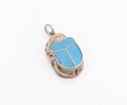 925 Sterling Silver Vintage Pendant Solid Carved Turquoise Scarab  PT24704