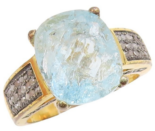 925 Sterling Silver Vintage Ring Gold Plated Diamonds Blue Topaz Sz 8.5 RG30957