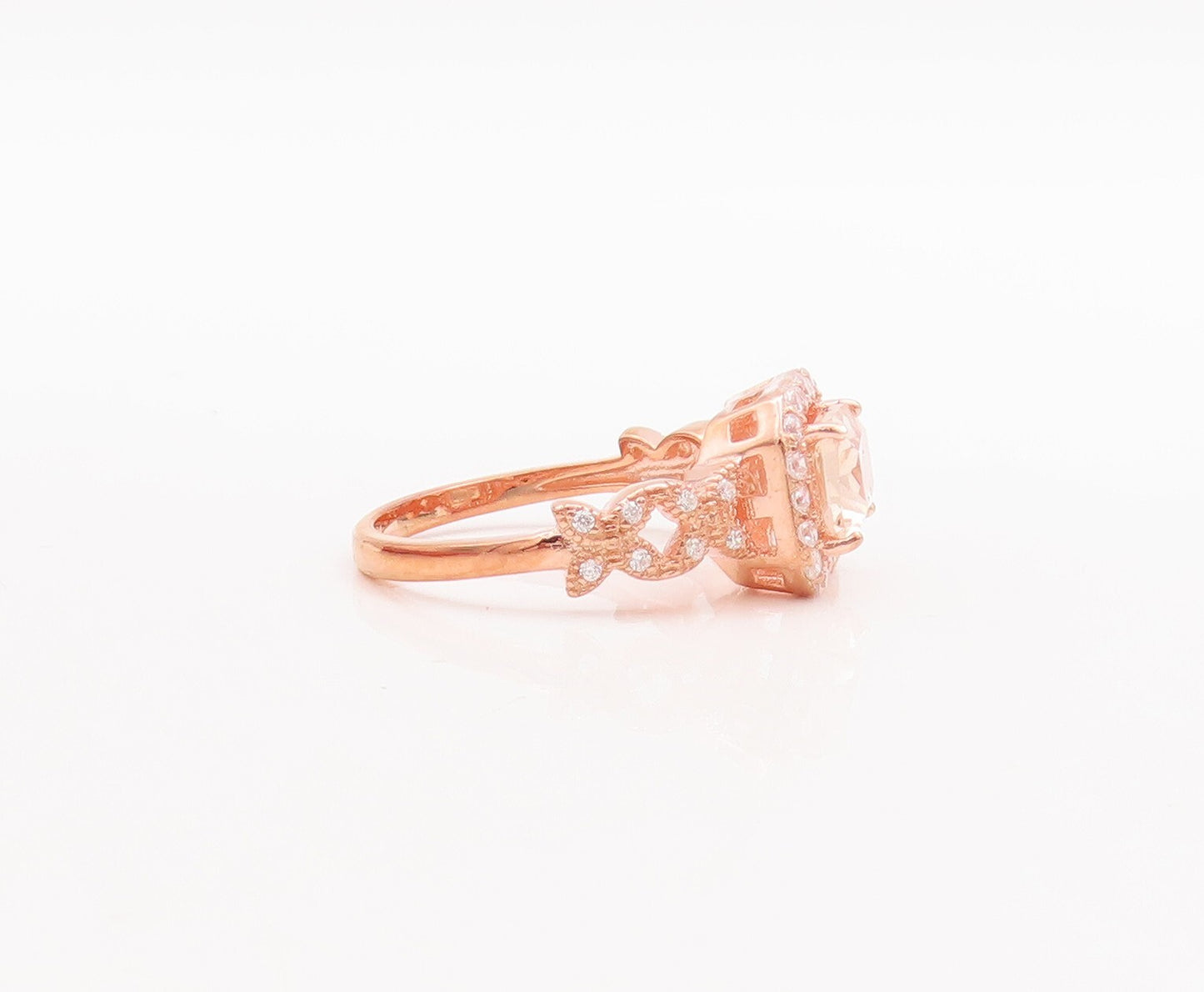 925 Sterling Silver Vintage Ring Rose Gold Plated Morganite & CZ  Sz 7  RG29423