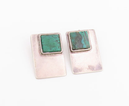 925 Sterling Silver Vintage Earrings Classic Malachite Geometric Clip On EG14436