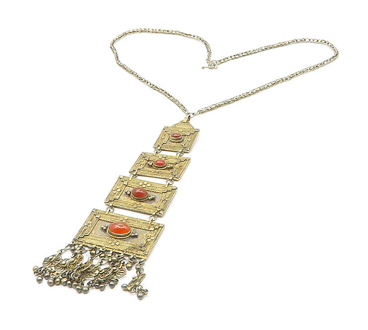 ISRAEL 925 Sterling Silver  Vintage Carnelian Ornate Chain Necklace  NE2781
