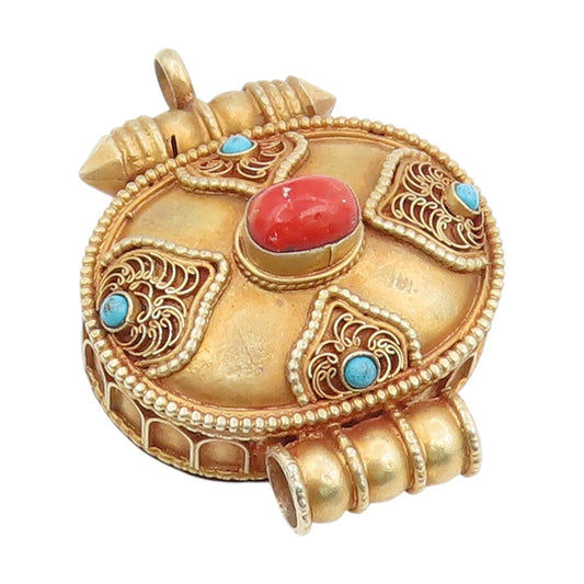 925 Sterling Silver Vintage Pendant Gold Plated Turquoise & Coral Amulet PT25915