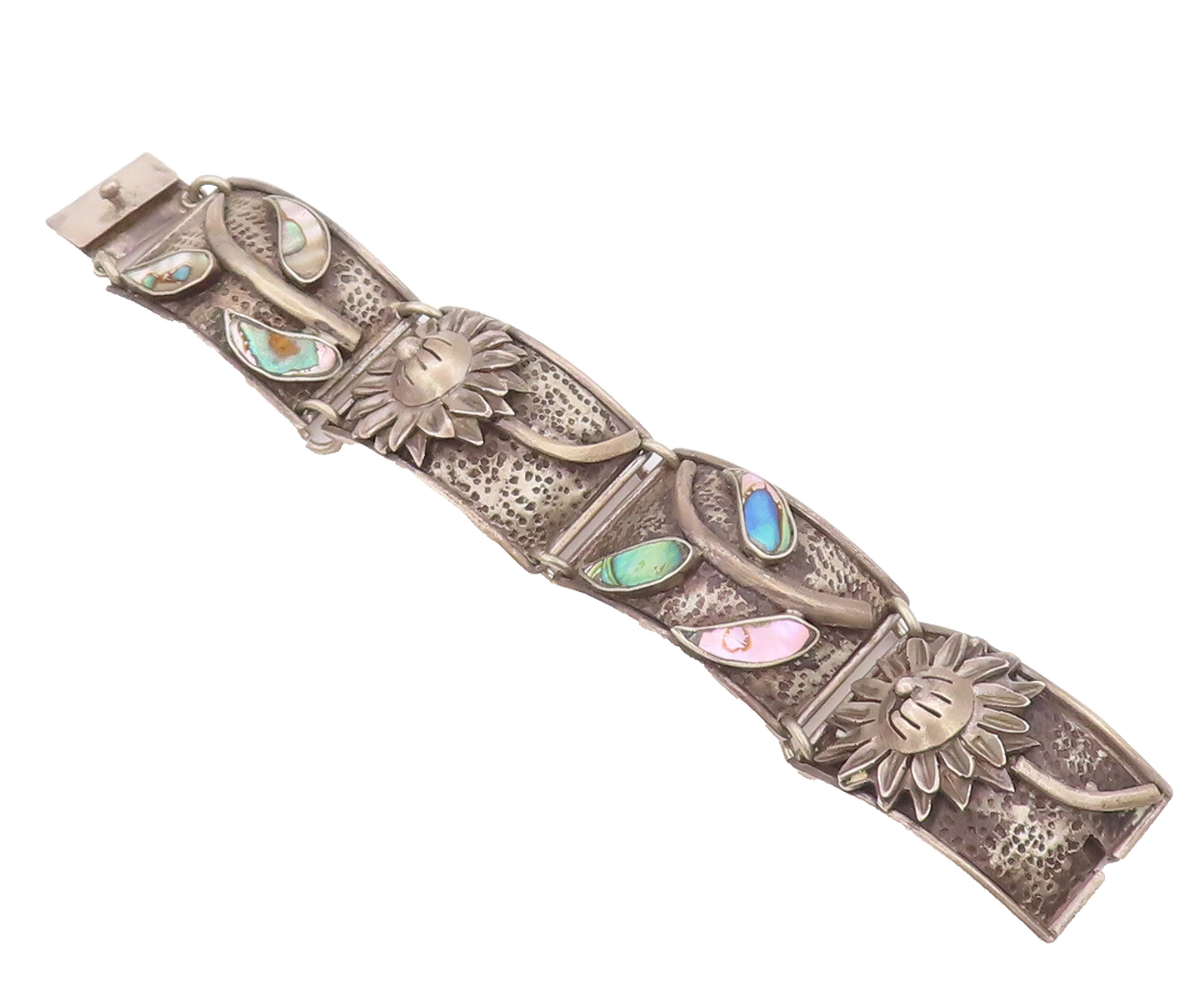925 Sterling Silver Vintage Bracelet MEXICO Designer Sunflower & Abalone BT10434