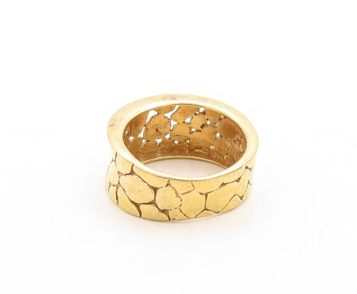925 Sterling Silver Vintage Ring Gold Plated Pebble Effect Carved  Sz 8  RG31356