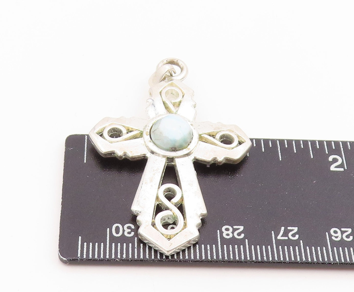 925 Sterling Silver Vintage Pendant Cabochon Larimar Religious Cross  PT26113