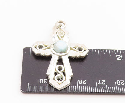 925 Sterling Silver Vintage Pendant Cabochon Larimar Religious Cross  PT26113