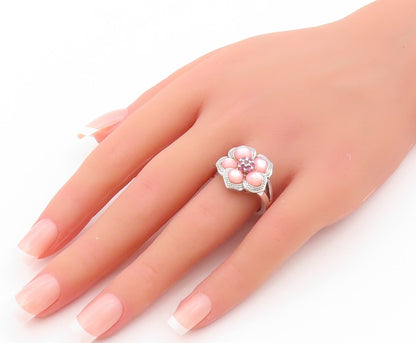 925 Sterling Silver Vintage Ring Designer Pink Cat Eye & CZ Flower SZ 8  RG31991