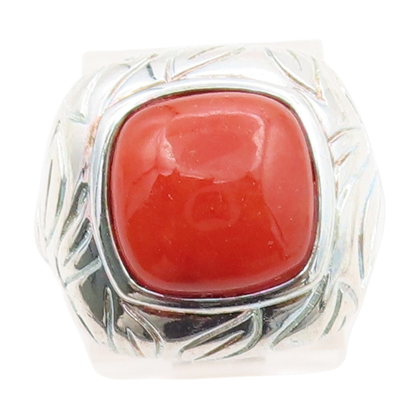 925 Sterling Silver Vintage Ring Carnelian Etched Floral Leaf Band Sz 7 RG33696
