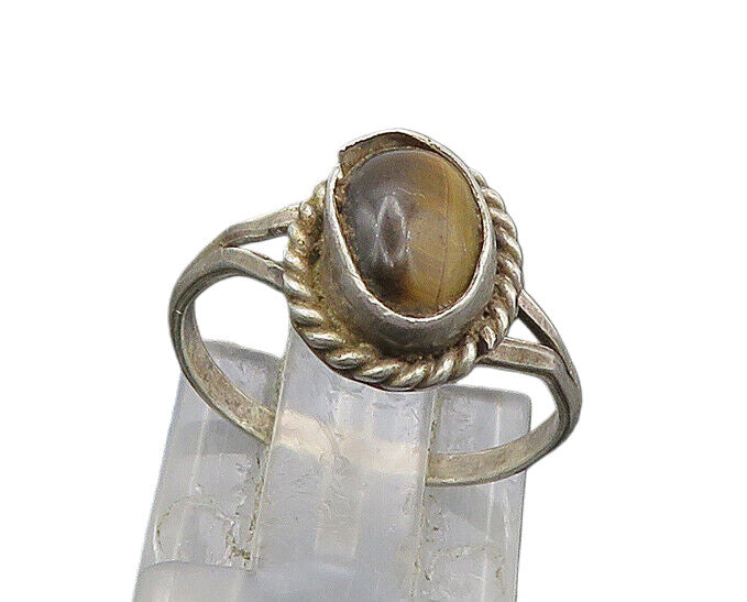 925 Silver  Vintage Cabochon Tiger's Eye Petite Band Ring Sz 4.5  RG20939