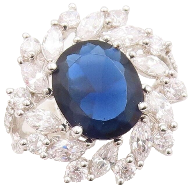 925 Sterling Silver Vintage Ring Sapphire Marquise Cut CZ Flower  Sz 8  RG29536