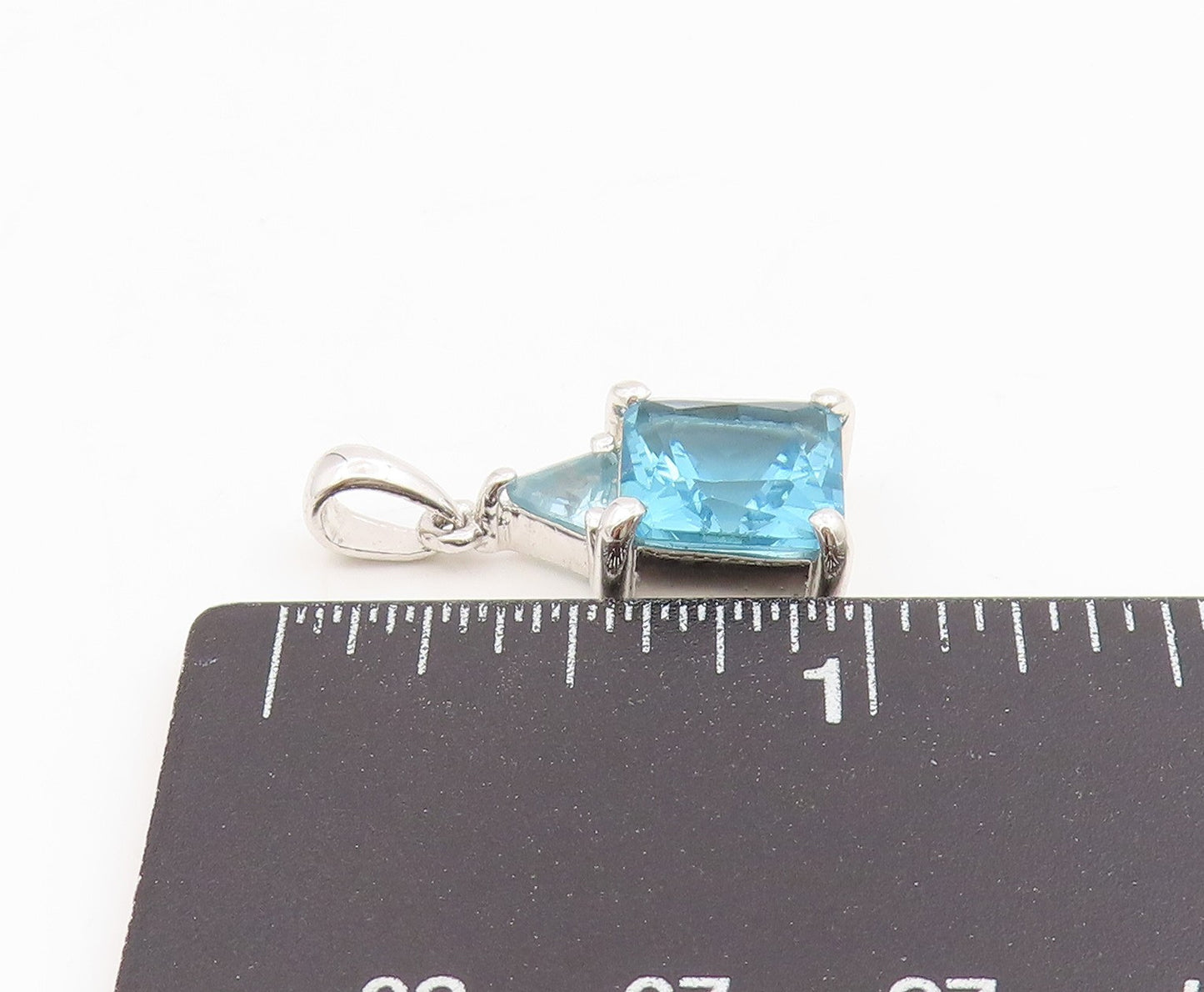 925 Sterling Silver Vintage Pendant Elegant Blue Topaz Geometric Charm  PT25482
