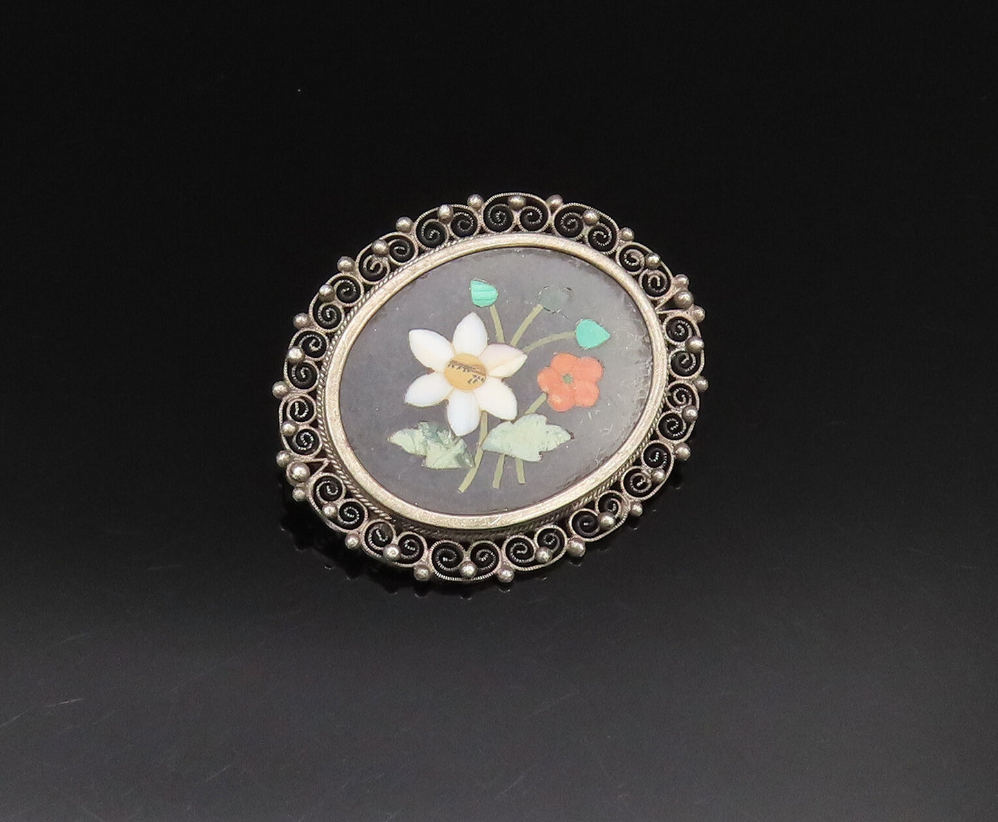925 Sterling Silver  Vintage Spiral Twist Edge Floral Mosaic Brooch Pin BP9693