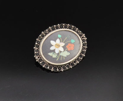 925 Sterling Silver  Vintage Spiral Twist Edge Floral Mosaic Brooch Pin BP9693