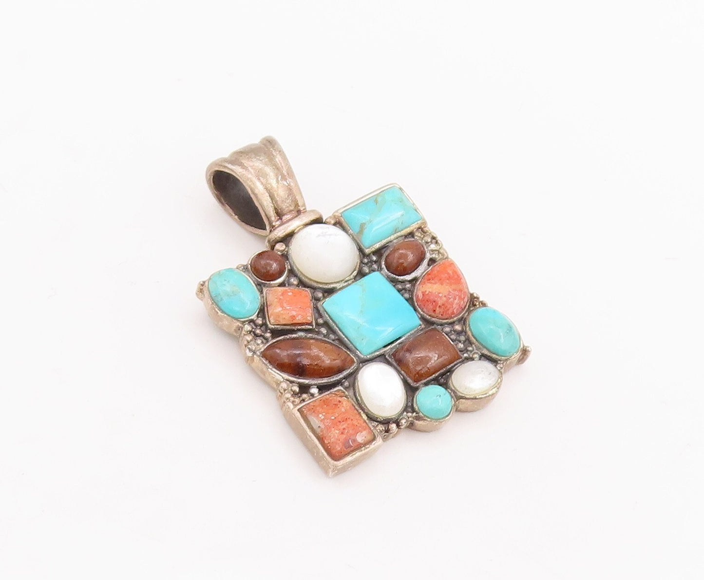 925 Sterling Silver Vintage Pendant Large Square Multi Stone Multi Shape PT23338