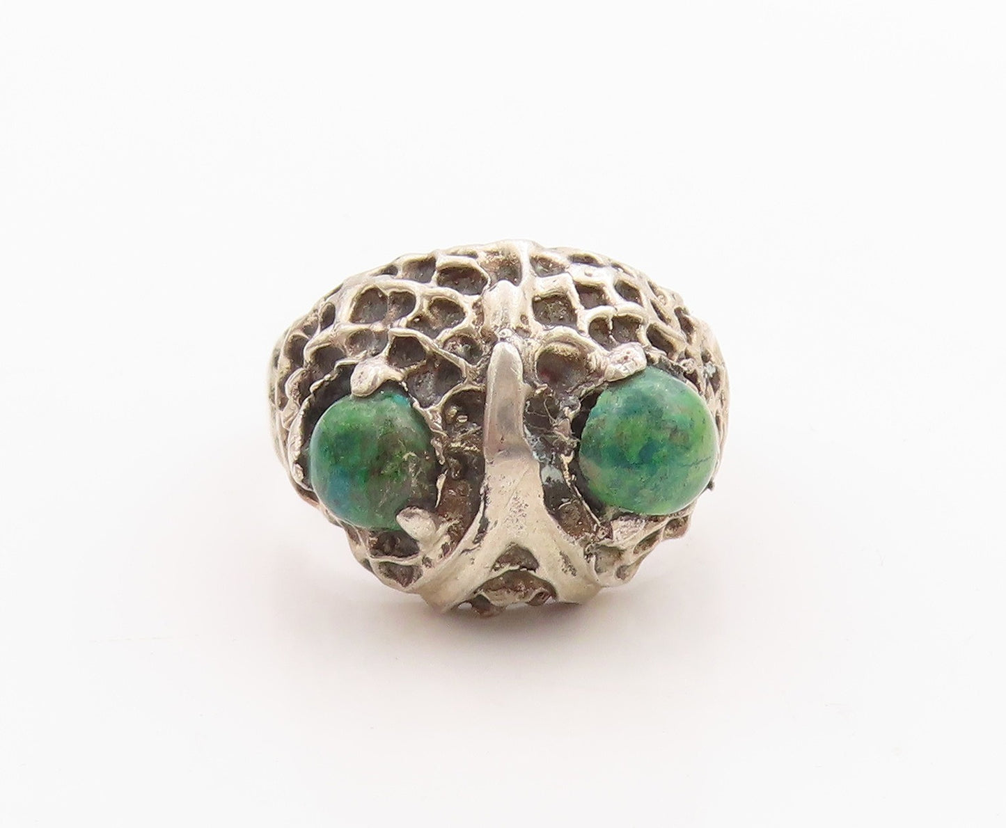 925 Sterling Silver Vintage Ring Cabochon Turquoise Eyed Owl Design Sz 9 RG33283