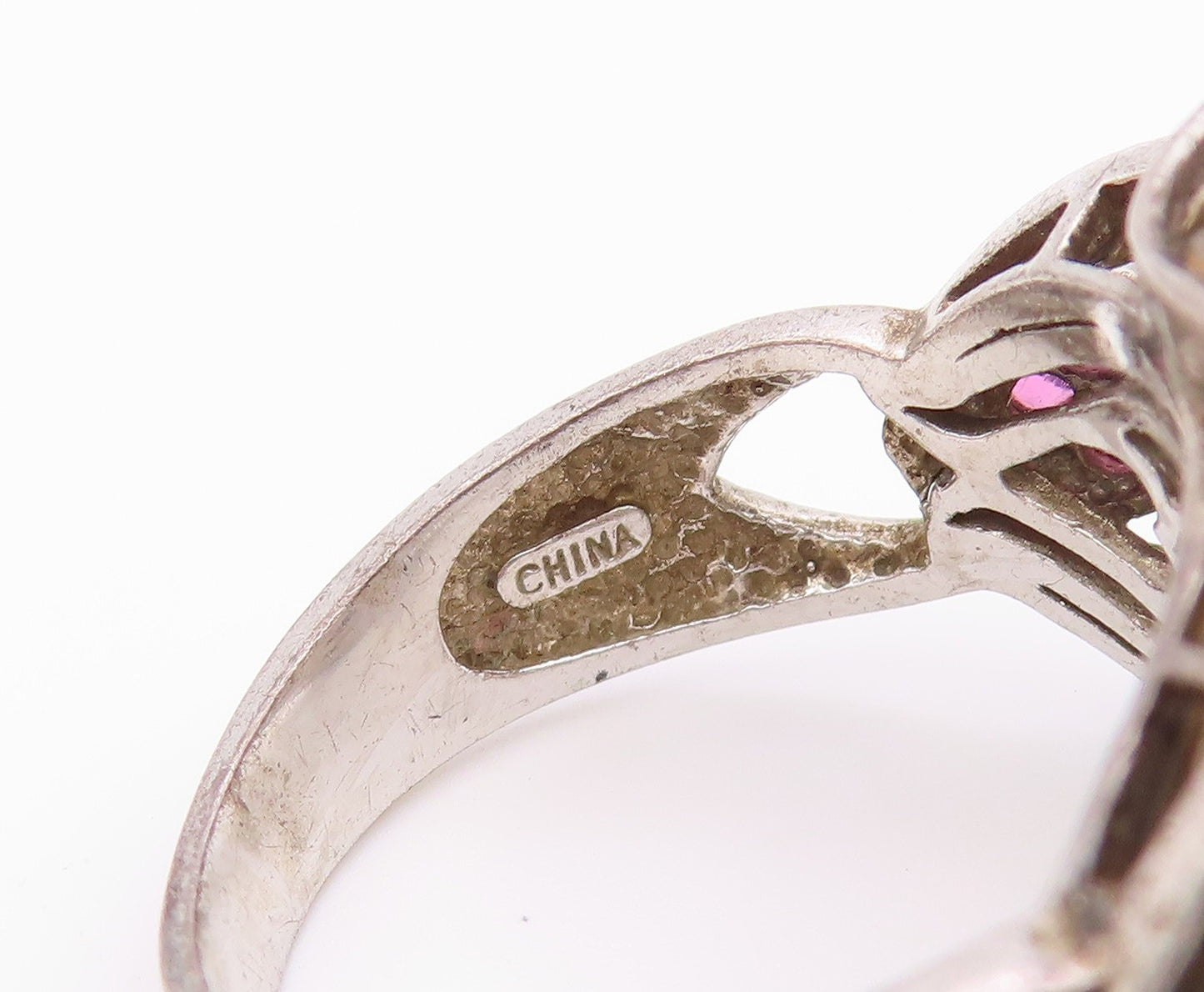 925 Sterling Silver Vintage Ring Rose Quartz & Ruby Statement Band Sz 9 RG36432