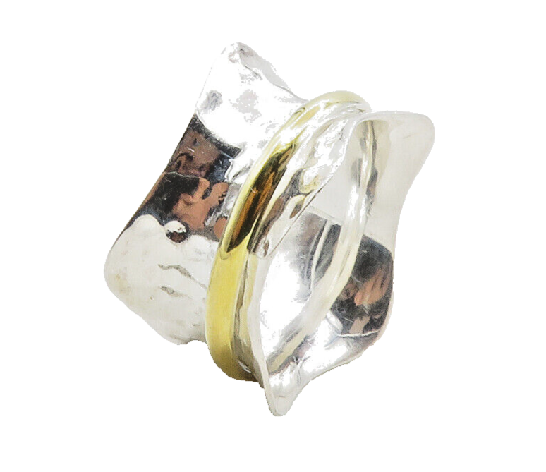 925 Sterling Silver  Vintage Shiny Two Tone Hammered Band Ring Sz 7  RG13170