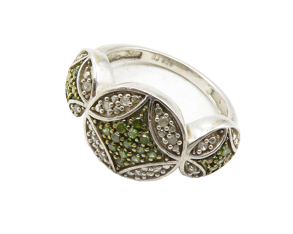 925 Sterling Silver  Genuine Green White Diamonds Band Ring Sz 6  RG12504