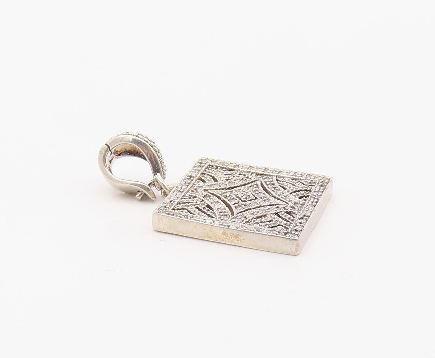 925 Sterling Silver Vintage Pendant White Topaz Geometric Square Charm  PT26332